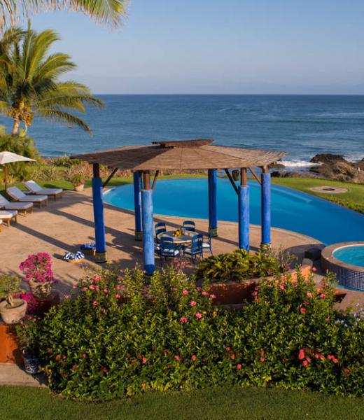 This dramatic 25,000 square foot Palapa-style home was designed by renowned Mexican architect Aldaco. Upon entering the compound known as Rancho 9, you walk into a stunning open space living room with 180 degree ocean views. This Punta Mita villa is perched on a point with beaches to both sides and has the best views of any home in the entire area...